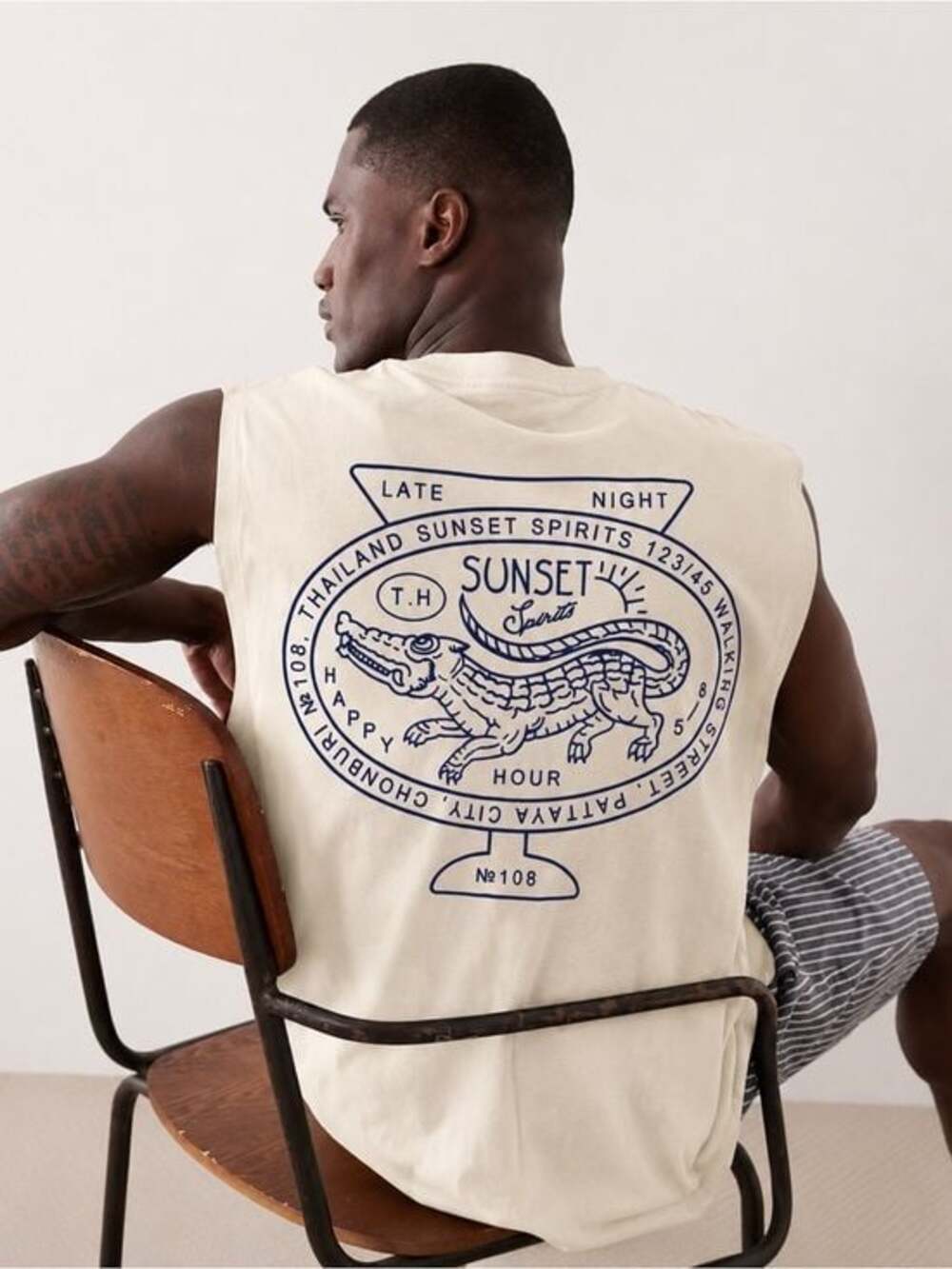 ASOS Cream Sleeveless Graphic Tee with Blue Crocodile Thailand Print